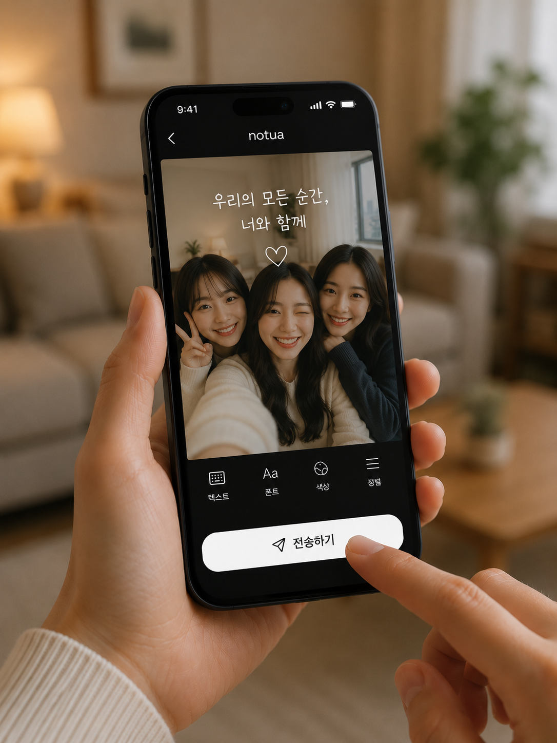 에디터 화면에서 텍스트를 작성한 사진을 전송하는 모습